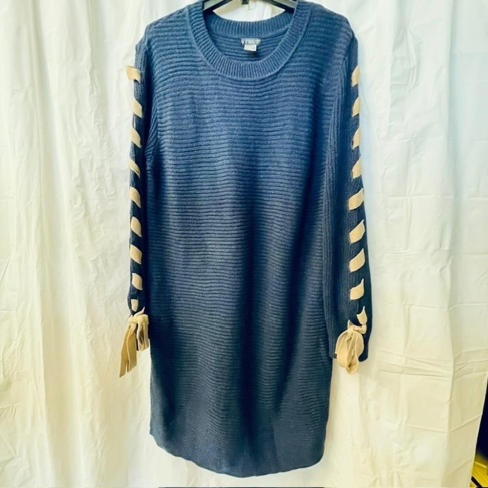 Venus Navy Blue Ribbed Knit Lace Up Sleeve Sweater Dress Starlight Sz L